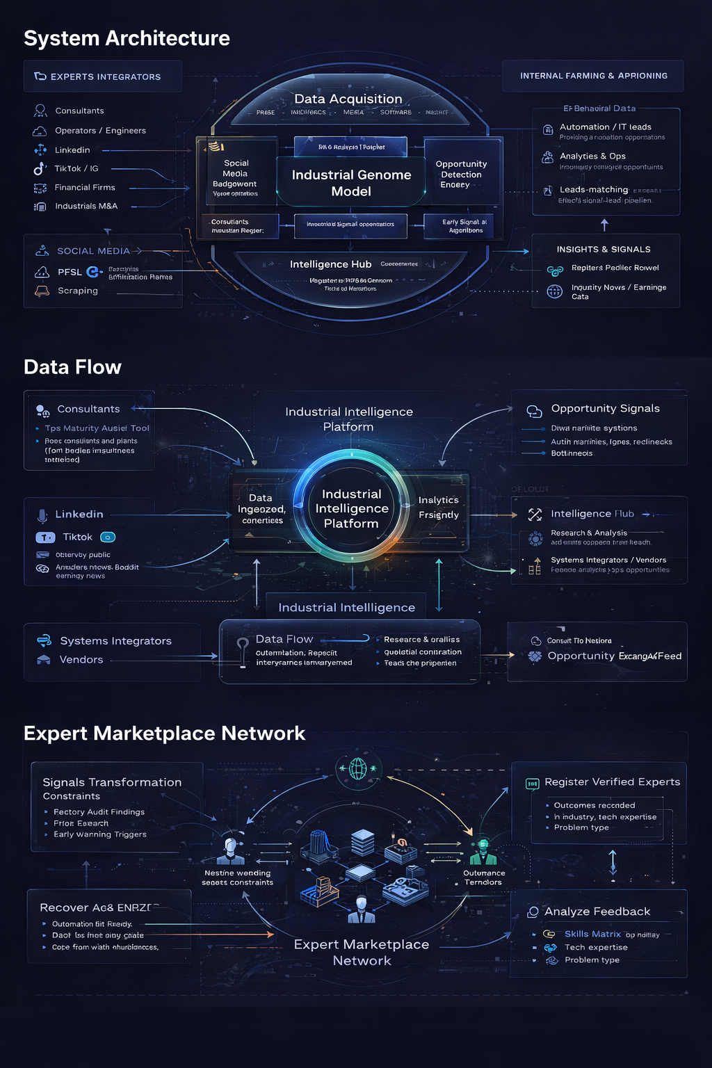 Industrial Genome System Architecture — Data Acquisition, Industrial Genome Model, Intelligence Hub, Data Flow, and Expert Marketplace Network